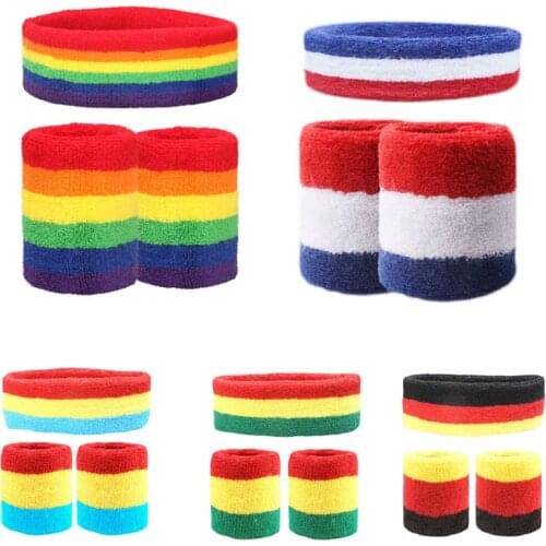 3Pcs Unisex Sweatbands Set Rainbow Colorful Striped Sport Headband Workout Badminton Wrist Bands Cotton Athletic Bracer Hairband