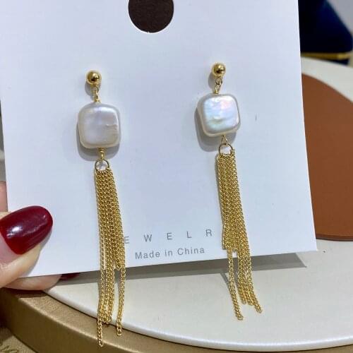 Gold Plated Tassel Design Fashion Square Baroque Natural Freshwater Pearl Dangle Earrings