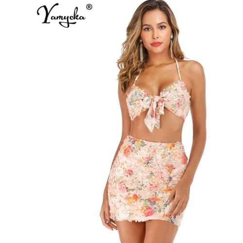 Sexy floral Sequins summer Midi dress women bandage Backless wrap elegant bodycon vintage club party dresses short vestidos New