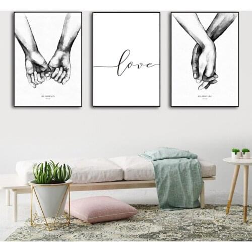 Nordic Black White Wall Art Poster Romantic Hand In Hand Canvas Painting Minimalist Love Quotes Print Picture for Home Decor