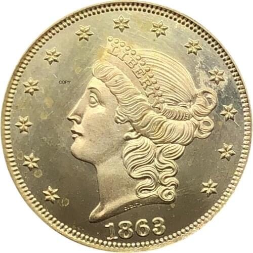 United States America Liberty Head Double Eagle US 1863 1863 S Twenty Dollars No Motto Gold Coins Brass Metal Copy Coins