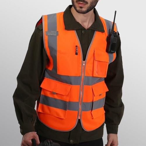 WorkWear Uniforms 4 Pockets Class 2 High Visibility Zipper Front Safety Vest With Reflective Strips Washable Comfortable L-2XL