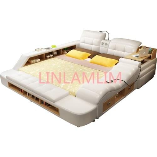 Smart bed frame camas кровать двуспальная lit beds سرير muebles dormitorio genuine leather bed LED light massage speaker safe s