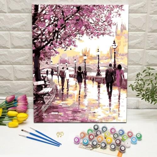 Cherry Blossom Road Oil Painting by Number Hand Painted Canvas Wall Art Picture For Living Room Decoration Wall Art 40x50cm