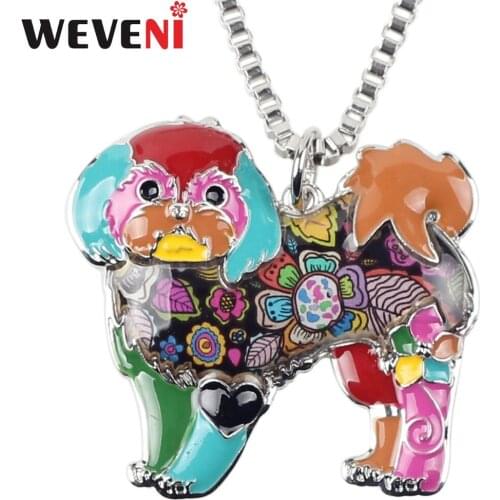 WEVENI Statement Enamel Alloy Yorkshire Terrier Shih Tzu Dog Necklace Pendant Collar Chain Fashion Animal Jewelry For Women Girl