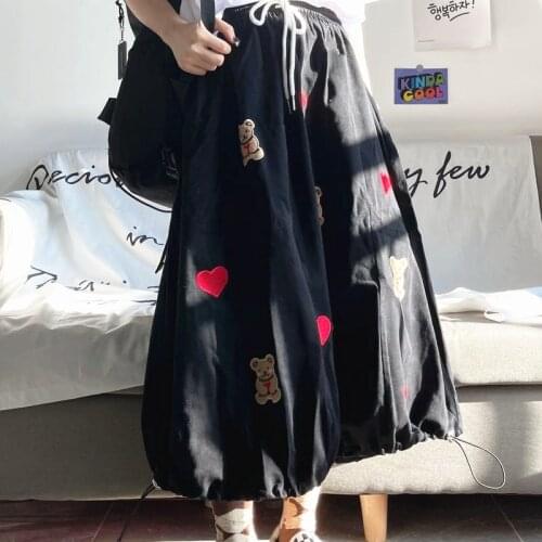 Summer Lady High Waist Lovely Heart Bear Embroidery Skirts Black White Girl Kawaii Sweet Long Skirt Draw String Harajuku Clothes