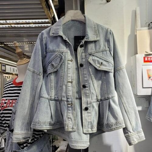 Spring Autumn Vintage Wash Blue Denim Jackets Women Korean Outerwear Long Sleeve Slim Short Hem Ruffle Jeans Jacket Coat Female