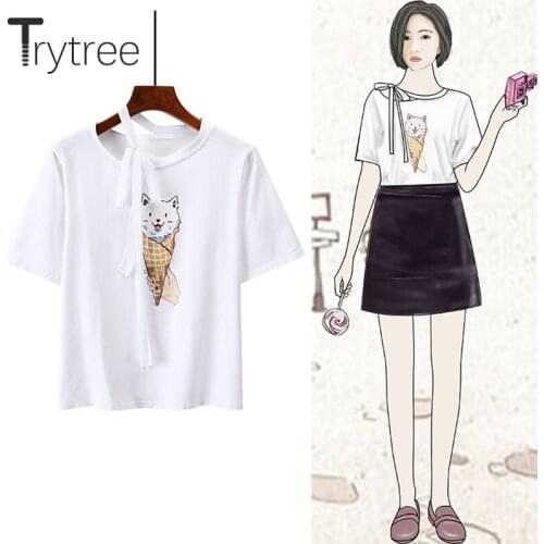 Trytree 2020 Summer T-shirt Women Casual O-neck Cartoon Bandage Lovely 5 Color Loose Fashion All-Purpose Style T-shirt Tops