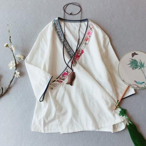 Women Shirt Cotton Linen V Neck Three Quarter Sleeve Embroidery Cardigan Vintage Fashion Women Blouse YoYiKamomo