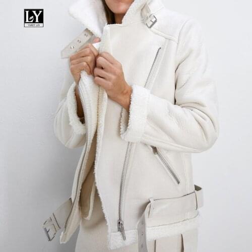 Ly Varey Lin Winter Faux Lamb Leather Jacket Women Faux Leather Lambs Wool Fur Collar Pu Moto Zipper Jacket Warm Thick Outerwear
