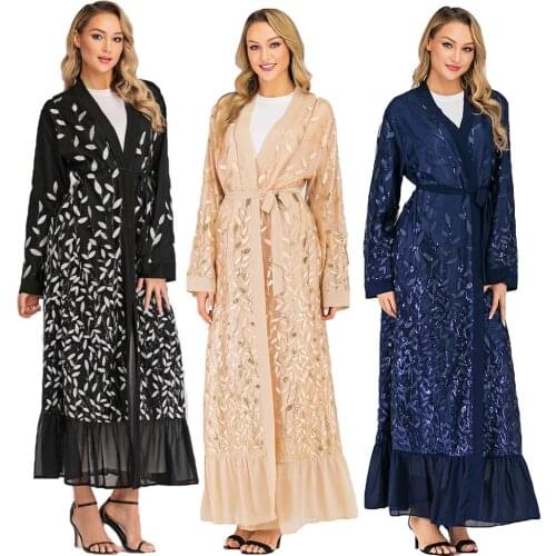 Open Women Front Long Sleeve Maxi Dress Muslim Embroidery Abaya Dubai Kaftan Robe Cardigan Kimono Islamic Clothing Arab Gown New