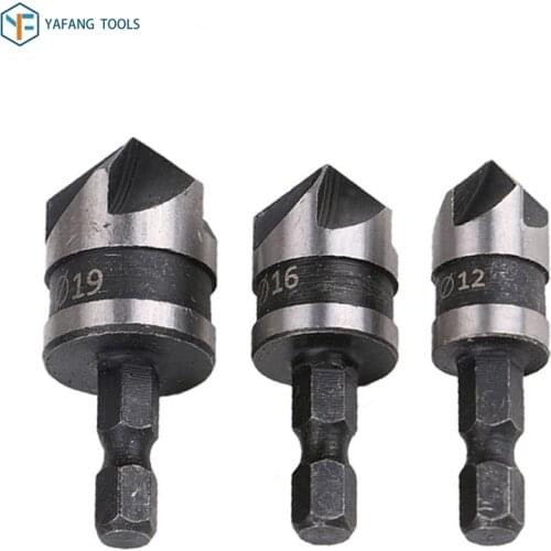 3pcs/set 5 Flute 12mm 16mm 19mm Countersink Chamfer Drill Bit 1/4" Hex Shank Woodworking Plastic Core Drill Bit Accessories