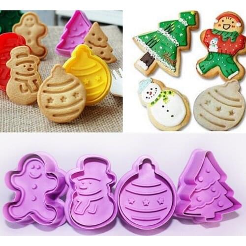 4pcs Christmas Stamp Biscuit Mold 3D Cookie Plunger Cutter Pastry Decorating DIY Food Fondant Baking Mould Cake Baking Tools