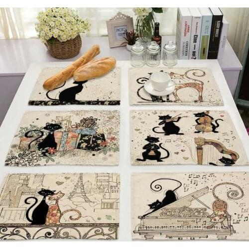 Bkack Cat Pattern Cotton Linen Pad Dining Table Mats Coaster Bowl Cup Mat Pattern Kitchen Placemat 42*32cm Home Decor MA0125
