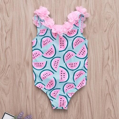 Flower Applique One Piece Swimsuit Kids Baby Girls Swimwear Watermelon Printed Sleeveless Bathing Suit Summer Children Clothing