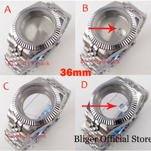 Metal 36mm Watch Case Fluted Bezel fit NH35A NH36A Sapphire Crystal Jubilee Strap Seeing /Solid Back Screw Crown