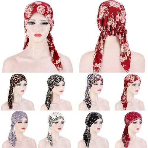 Floral Cloth Cap Muslim Baotou Cap Flower Printed Hijabs Two Tail Bandage Caps Cashew Tail Cap Bonnet Hood Turban Band Wrap Cap