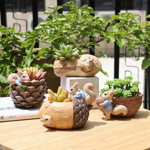 Flowerpot Cartoon Cute Animal Squirrel Fleshy Flower Pot Resin Succulent Pots Desktop Decoration Balcony Decorations Small Pot
