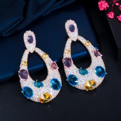 CWWZircons Brazilian Gold Multi Color Water Drop Large Long Dangle CZ Engagement Earrings for Women Party Wedding Jewelry CZ840