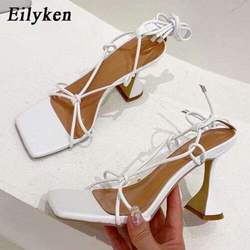 Eilyken 2021 Women Shoes Square Open Toe High Heels Sandals Summer Fashion Party Dress Cross Strap Lace-up Pumps Size 41