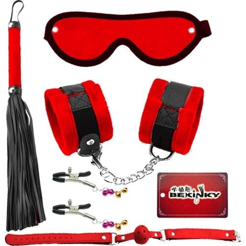 Erotic Sex Toys For Adult Game Red Faux Fur Erotic BDSM Sex Kits Bondage Handcuffs Sex Game Whip Gag Nipple Clamps SM Bdsm Toys