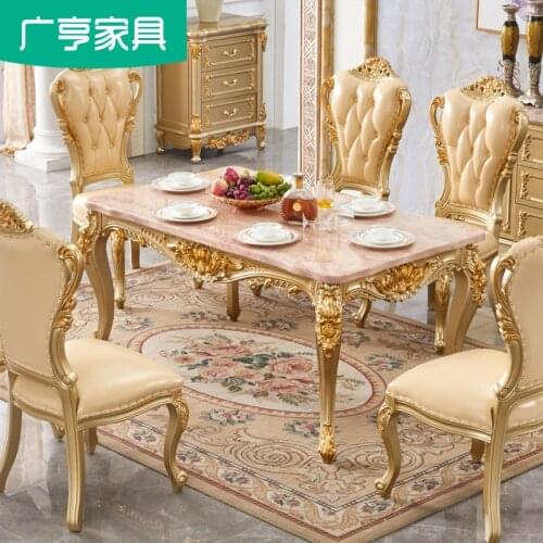 French American neo-classical solid wood rectangular dining table and chair champagne gold