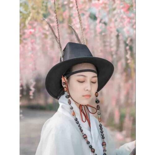 Hanfu Hat Mens Beaded Feather Hat Flat Top Eaves Hat Ming Dynasty Hanfu Hat Fishermans Hat Black For Men Women