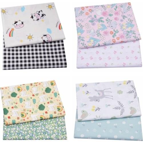 2PCS Floral Deer Animals 100% Cotton Child Fabric,Sewing Quilting BedSheet Fat Quarters Textile Fabric For Baby Kids