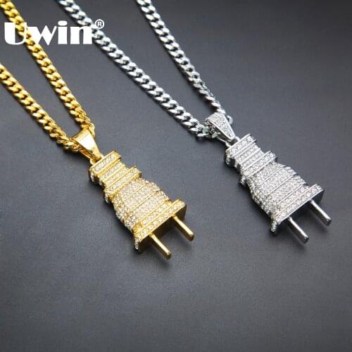 Iced Out Bling Mens Plug Pendant Necklace Gold Silver Plated Charm Micro Pave Full Rhinestone Cuban Chain Hip Hop Jewelry