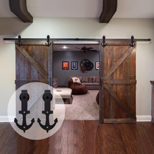LWZH Country/Anquti Style Black Carbon Steel Sliding Barn Door Anchor Shaped Track Roller Barn Door Hardware Kit for Double Door