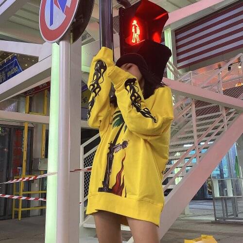 Palm Angels Skull Flame Coconut Tree Print Mens Trend High Street Loose Hoodies Sweatshirts Long Sleeve