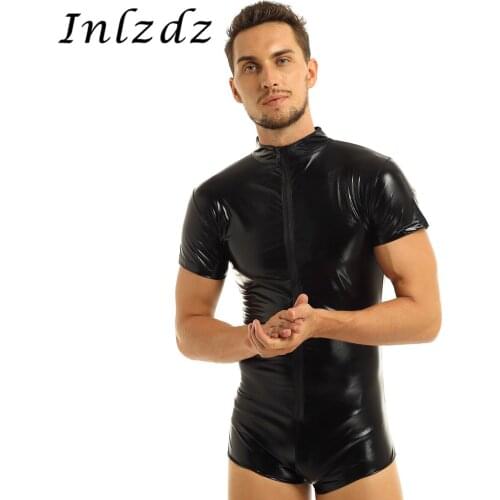 Mens Lingerie Leotard Latex Bodysuit Underwear Faux Leather Zipper One-piece Good Body Curves Exotic Tight Bodysuit Jumpsuit