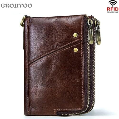 GROJITOO Anti-theft brush genuine leather mens wallet multi-functional double zipper vertical wallet Fashion Casual coin purse