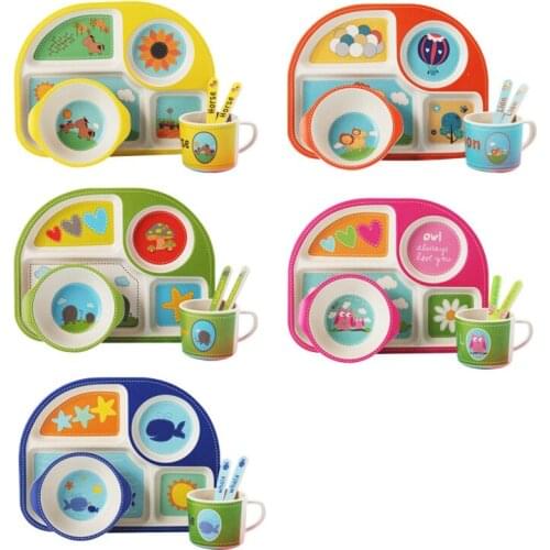 New 5pcs/set Baby Dinnerware Bamboo Fiber Children Tableware Set Plate Dishes Bowl With Spoon Cartoon Feeding Set Food Container
