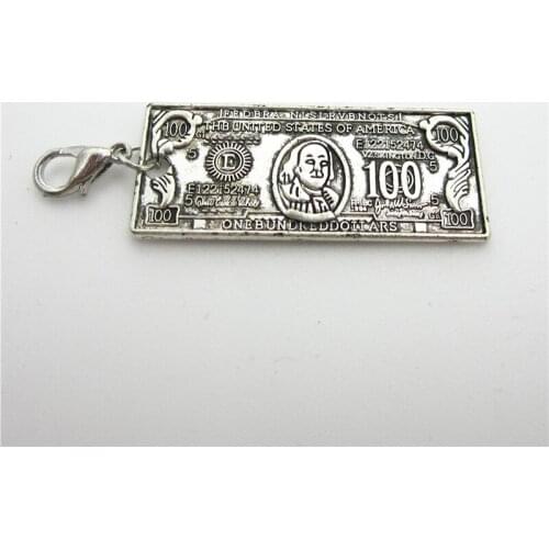 New 20pcs/lot Silver 100 Dollars Dangle Charms Lobster Clasp DIY Bracelet Necklace Pendants Jewelry Hanging Charms