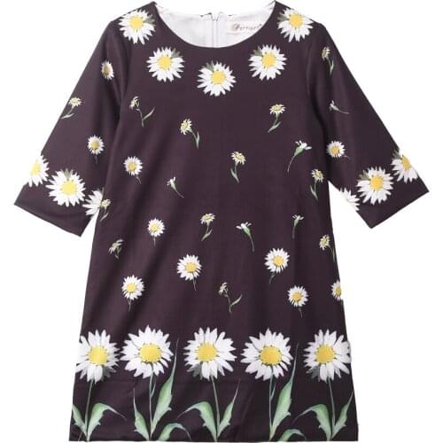 2021 Autumn Girl Black Dress Big Kids White Flower Daisy Printed Half Sleeves Zippered Comfortable Size 3 5 7 9 11 Years Old