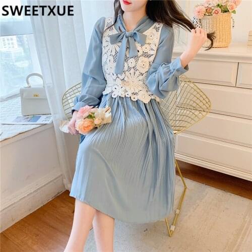 SWEETXUE 2021 Autumn Mid-length Dress French Puff Sleeve Vest Dress Two Piece Set Fashion Sweet Cute Casual Womens Vestidos