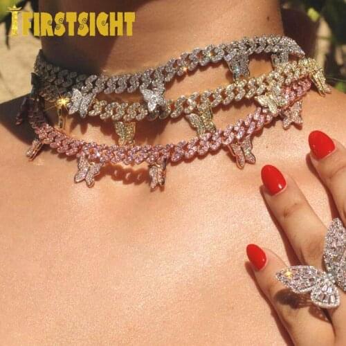 Sparking cz Baguette Butterfly Necklace Jewelry 9mm Iced Out Bling Miami Cuban Link Silver Color Choker Women Hiphop Jewelry