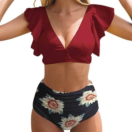 Chubby Womens Swimsuit Ruffled Female Beach Swimwear High Waist Bikini Two-Piece Bathing Suit Floral Printed Summer Dress