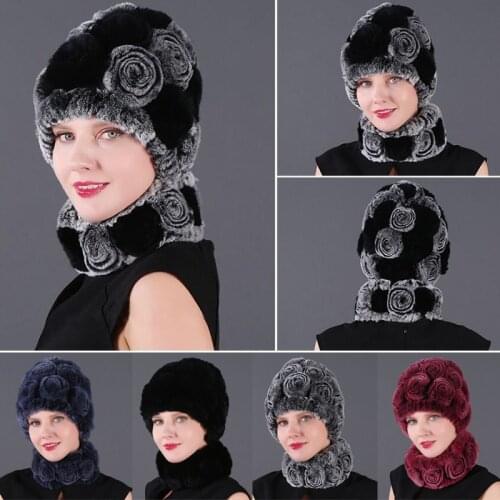 Natural Real Rex Rabbit Fur Hat Scarf Suit Fashion Girl Fur Cap Lady Winter Warm Soft Caps 100% Genuine Fur Hats Russia Style