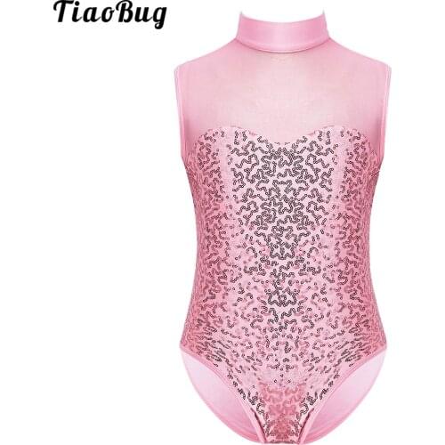 TiaoBug Kids Girls Sparkly Sequins Sleeveless Mock Neck Tulle Splice Keyhole Back Ballet Dance Gymnastics Leotard Jumpsuit