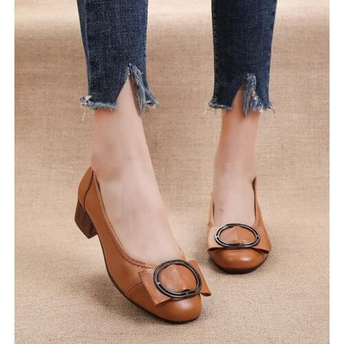Brand Shoes Thick Heel Ladies Pumps Genuine Leather Round head Handmade Shoes Women Comfortable Work Shoes Wild