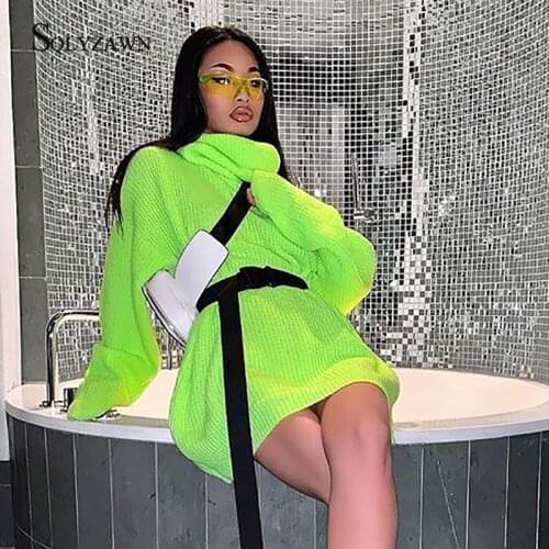 Streetwear Neon Turtlenck Loose Long Sweater Fall Winter Fashion Fluorescent Pink Green Orange Warm Knit Oversized Pullover