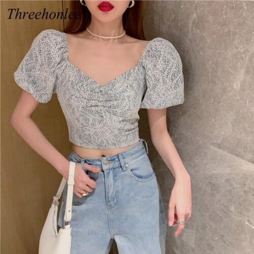 Summer Short Sleeve Womens Korean Blouse 2021 New Elegant High Waist Printing Puff Sleeve Tops Vintage Slim Women Blouse