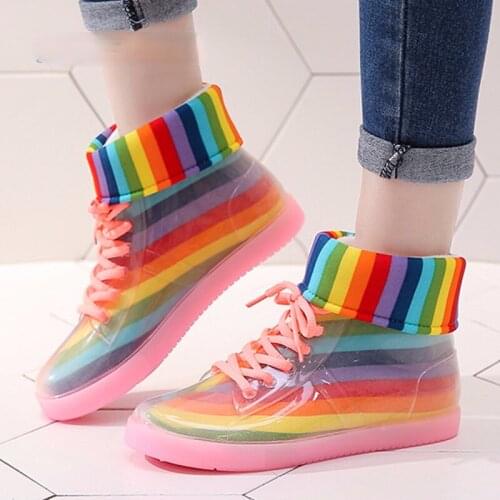 2021 New Ankle Rain Boots Removable Cover Platform Lace Up PU Waterproof Motorcycle Colorful Ankle Mature Boots Woman Shoes