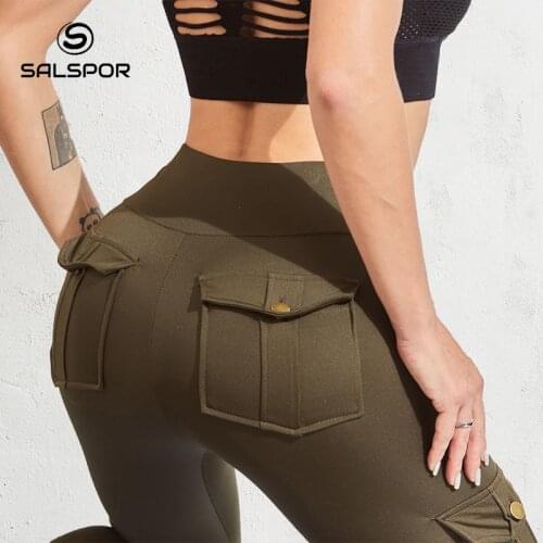 SALSPOR Women Pocket High Waist Sports Leggings Women Fitness Leggings Slim Gym Solid Color Workout Push Up Leggins Female