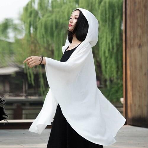 LZJN Summer Cotton Linen Womens Trench Coat 2020 Hooded Large size Loose Black White Women Cape Coats Summer Cover Up Clothing