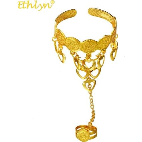 Ethlyn Women Classic Coins Bracelet Jewelry Gold Color Hollow-out Love Pendant Bangle Islamic Arabic Middle East Gifts S228
