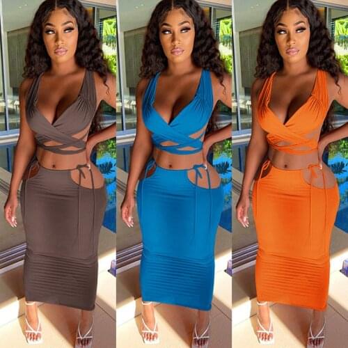 Echoine Wrap V-neck Lace Up Bandage Crop Top Skirt Two Piece Set Summer Sexy Backless Skirt Set Matching Set Party Club Outfits
