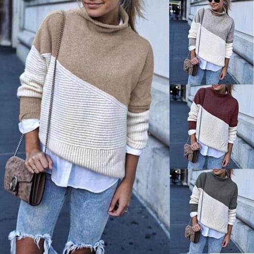 Women Sweater Turtleneck Asymmetrical Patchwork Color Contrast Pullovers Female Fall Winter Spliced Loose Soft Warm Fashion Top